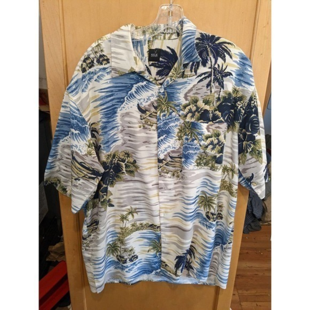 Silk Icon Hawaiian‎ Shirt Button Up Short Sleeve Floral Tan Blue white Large